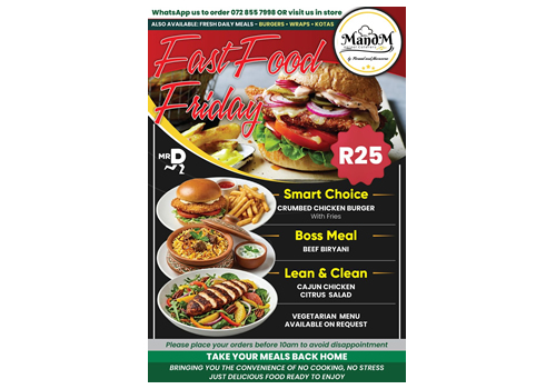 M and M Fast Food Friday menu flyer